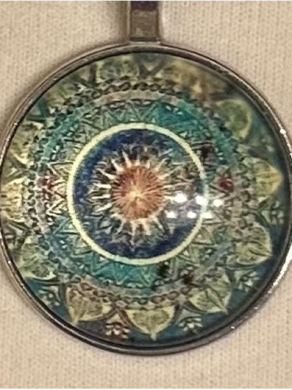 Exquisite Round Glass Pendant with a Teal, Blue & Green Mandala - 9.5in